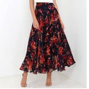 Vintage Geiger Maxi Skirt Wool Dark Floral Romantic Baroque Pleated Pocket Sz L